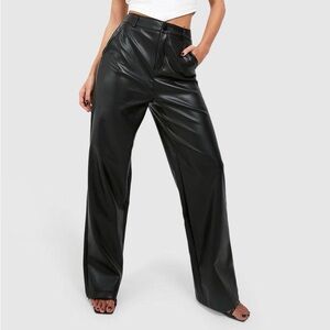 boohoo Faux Leather Relaxed Fit Straight Leg Trousers, Black, Size 2